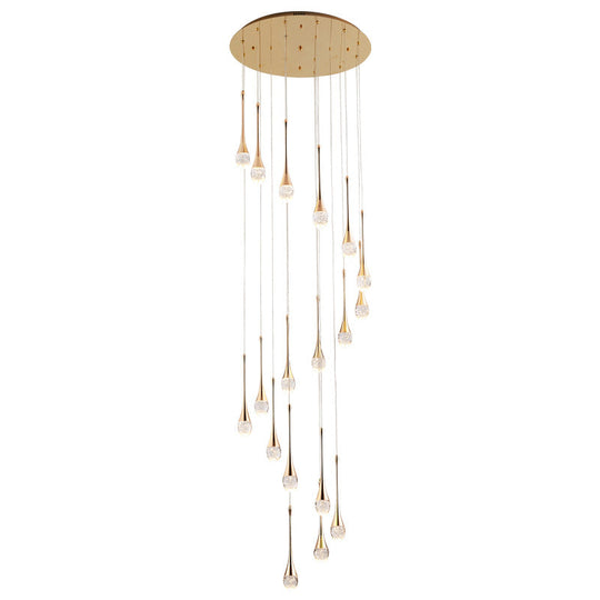 Brass Crystal Cone Pendant Light Set with Long LED Cascade - Perfect for Stairwell