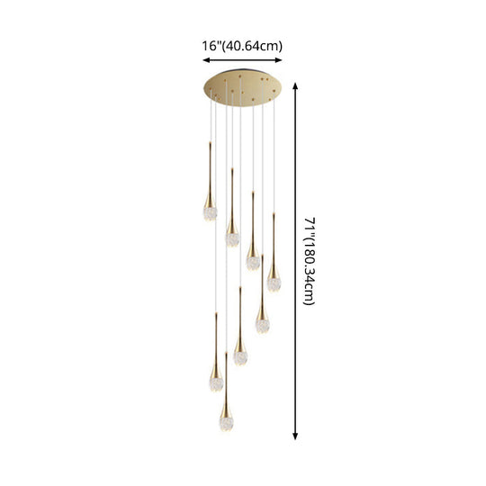 Modern Brass Crystal Hanging Led Pendant Lights - Long Cone Cascade Design For Stairwell