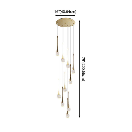 Brass Crystal Cone Pendant Light Set with Long LED Cascade - Perfect for Stairwell