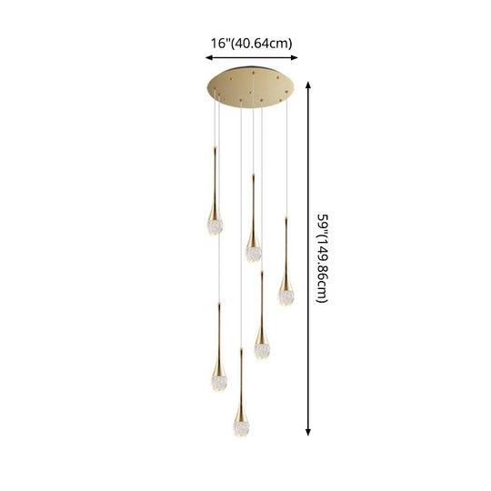 Brass Crystal Cone Pendant Light Set with Long LED Cascade - Perfect for Stairwell