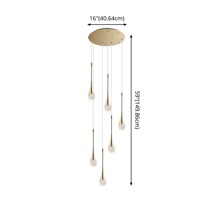 Modern Brass Crystal Hanging Led Pendant Lights - Long Cone Cascade Design For Stairwell
