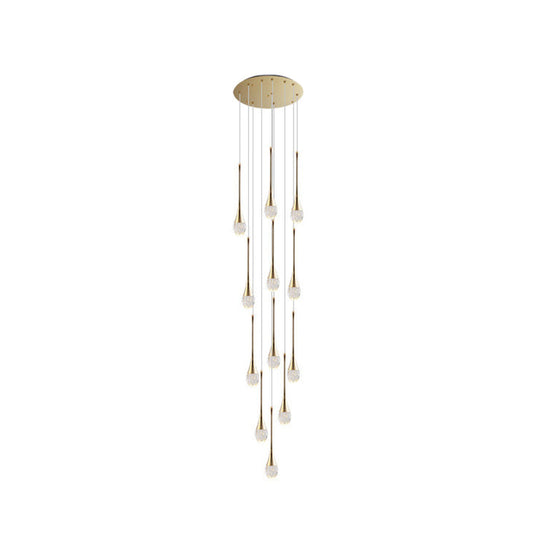 Brass Crystal Cone Pendant Light Set with Long LED Cascade - Perfect for Stairwell