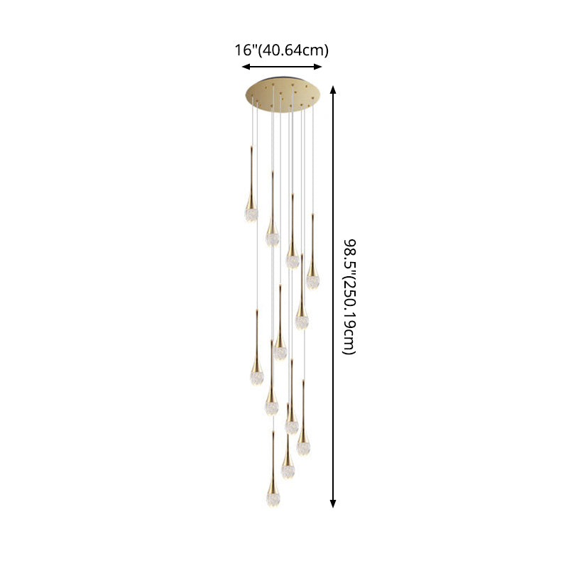 Brass Crystal Cone Pendant Light Set with Long LED Cascade - Perfect for Stairwell