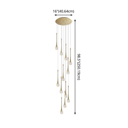 Modern Brass Crystal Hanging Led Pendant Lights - Long Cone Cascade Design For Stairwell