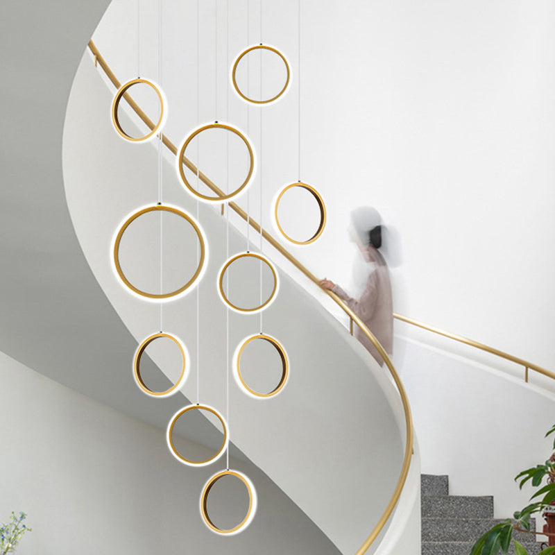 Brass Finish Nordic Metal Ring Staircase Ceiling Hanging Light - Modern Minimalist