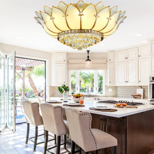 Chinese Style Prismatic Glass Lotus Flush Mount Ceiling Light with Crystal Finial - 5 Lights, White