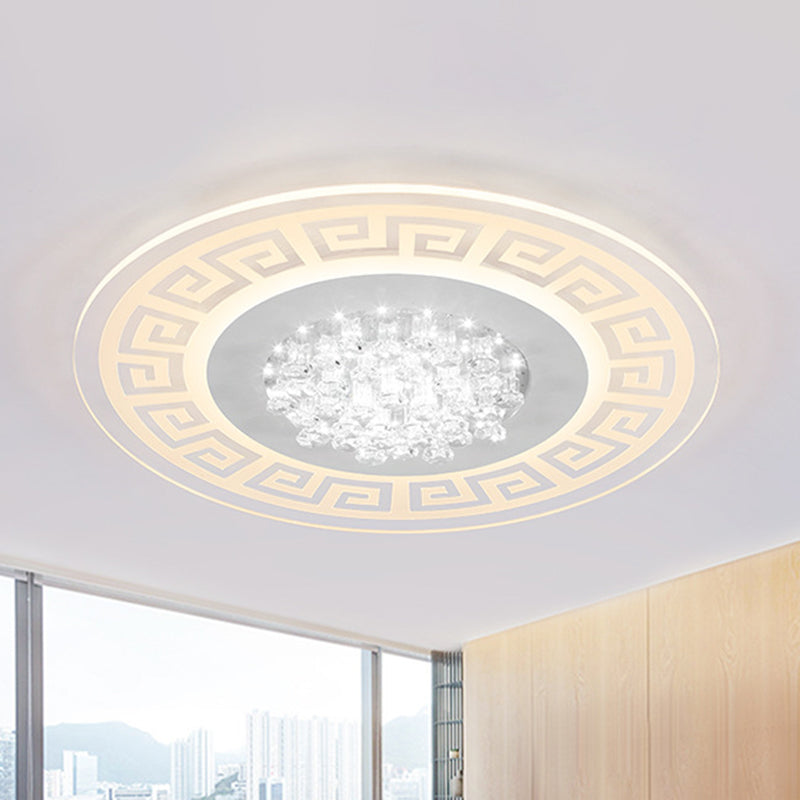 Modern LED White Flush Mount Ceiling Light Fixture with Crystal Accents - Extra-Thin Round Acrylic Flush Light