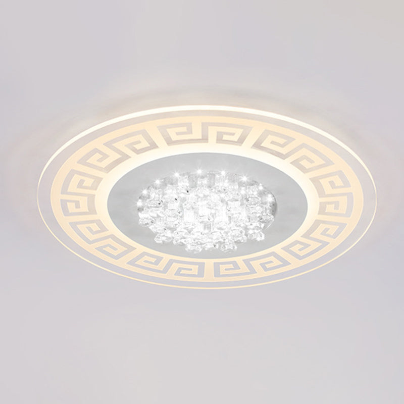 Modern LED White Flush Mount Ceiling Light Fixture with Crystal Accents - Extra-Thin Round Acrylic Flush Light