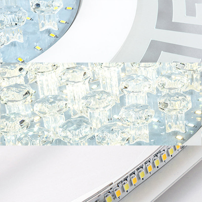Modern LED White Flush Mount Ceiling Light Fixture with Crystal Accents - Extra-Thin Round Acrylic Flush Light