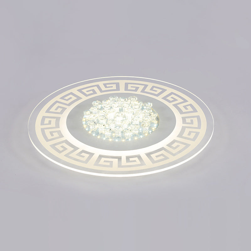 Modern LED White Flush Mount Ceiling Light Fixture with Crystal Accents - Extra-Thin Round Acrylic Flush Light