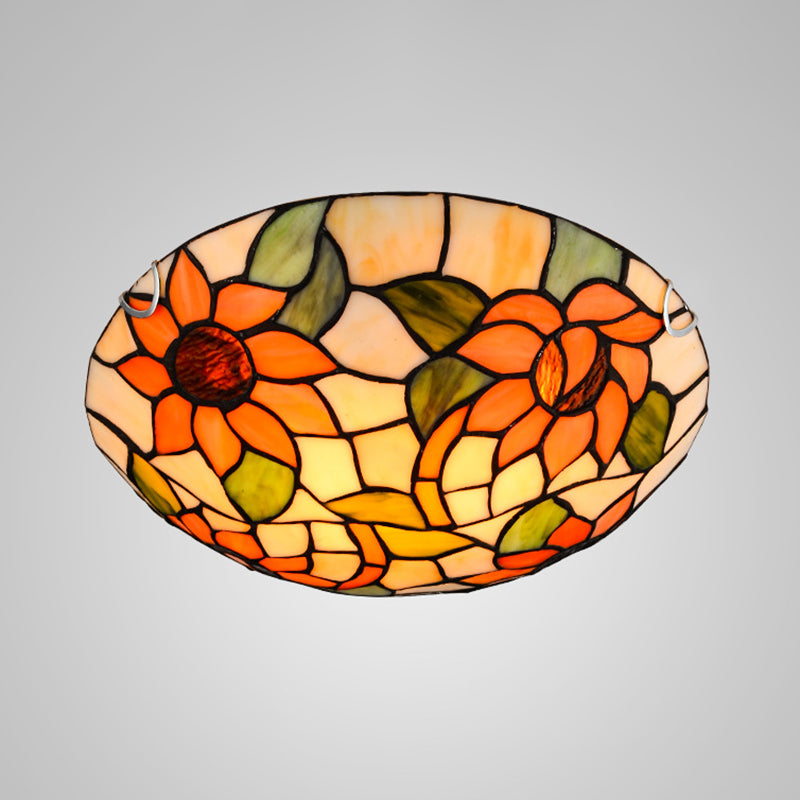 Sunflower Tiffany Stained Glass Flush Mount Ceiling Light in Vibrant Orange, Bowl Shape
