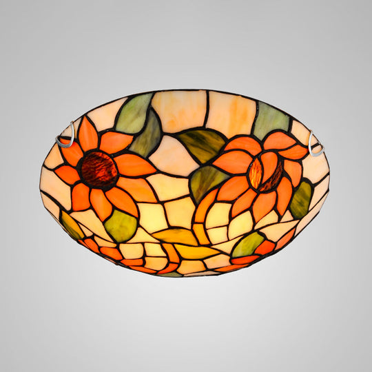 Sunflower Tiffany Stained Glass Flush Mount Ceiling Light in Vibrant Orange, Bowl Shape