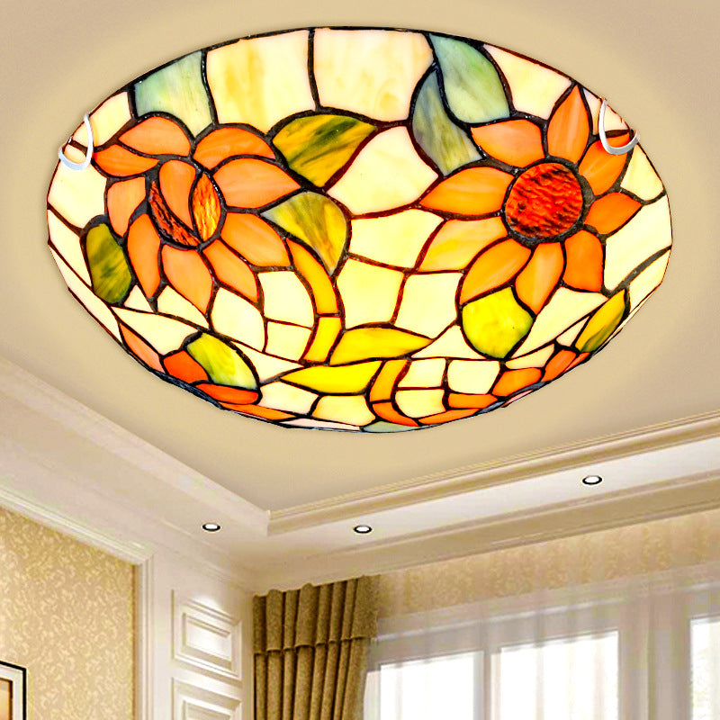 Sunflower Tiffany Stained Glass Flush Mount Ceiling Light in Vibrant Orange, Bowl Shape