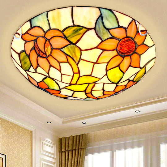 Sunflower Tiffany Stained Glass Flush Mount Ceiling Light in Vibrant Orange, Bowl Shape