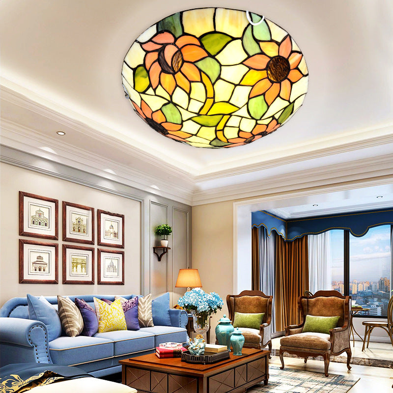 Sunflower Tiffany Stained Glass Flush Mount Ceiling Light in Vibrant Orange, Bowl Shape