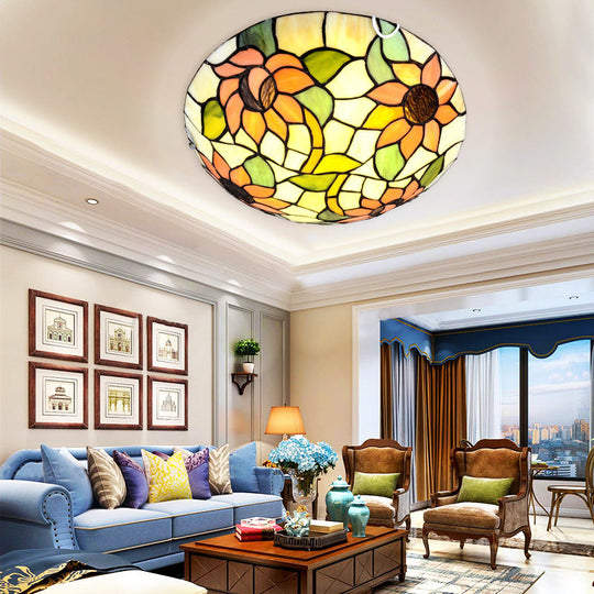 Sunflower Tiffany Stained Glass Flush Mount Ceiling Light in Vibrant Orange, Bowl Shape