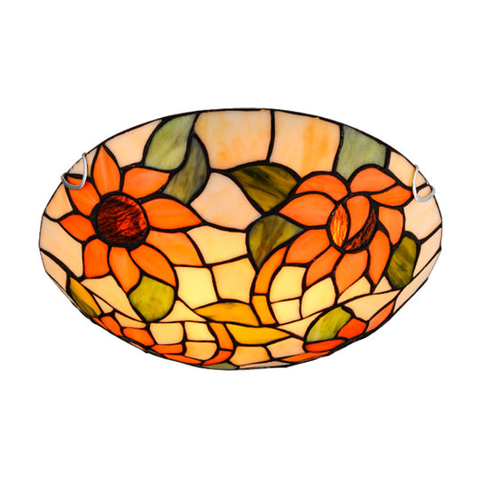 Sunflower Tiffany Stained Glass Flush Mount Ceiling Light in Vibrant Orange, Bowl Shape