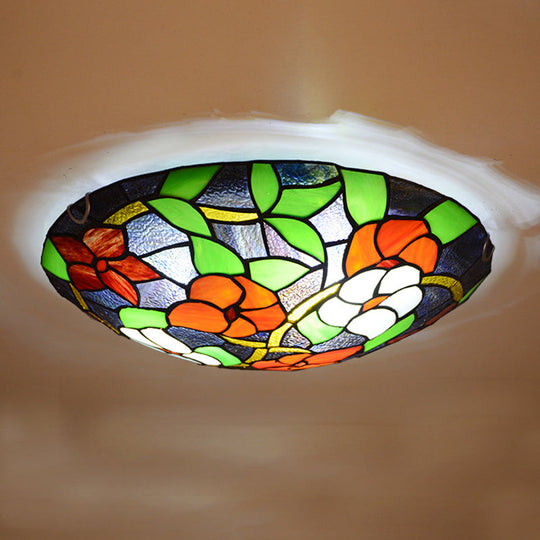 Tiffany Black Flush-Mount Bedroom Ceiling Light with Stained Glass Shade