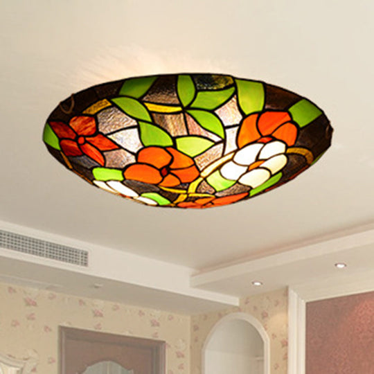 Tiffany Black Flush-Mount Bedroom Ceiling Light with Stained Glass Shade