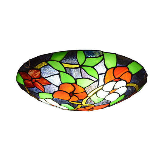 Tiffany Black Flush-Mount Bedroom Ceiling Light with Stained Glass Shade