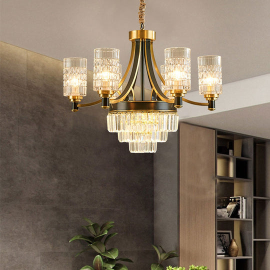 Gold Textured Crystal Chandelier with Cylinder Dining Room Hanging Light - Postmodern Style, 6/8 Heads