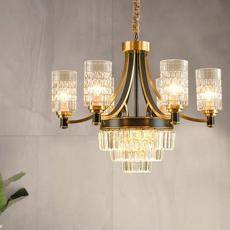 Gold Textured Crystal Chandelier with Cylinder Dining Room Hanging Light - Postmodern Style, 6/8 Heads