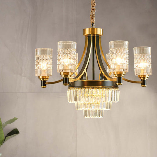Gold Textured Crystal Chandelier with Cylinder Dining Room Hanging Light - Postmodern Style, 6/8 Heads