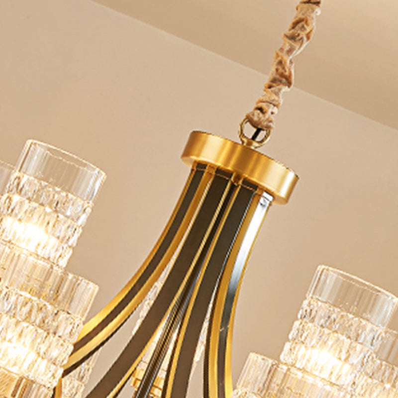 Gold Textured Crystal Chandelier with Cylinder Dining Room Hanging Light - Postmodern Style, 6/8 Heads