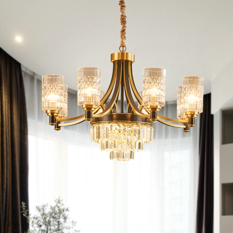 Gold Textured Crystal Chandelier with Cylinder Dining Room Hanging Light - Postmodern Style, 6/8 Heads