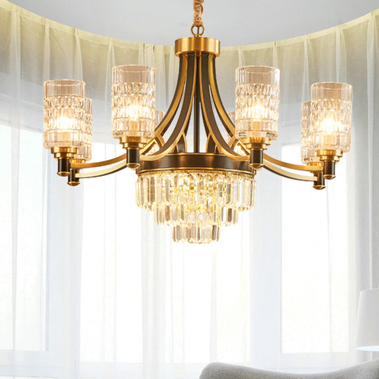 Gold Textured Crystal Chandelier with Cylinder Dining Room Hanging Light - Postmodern Style, 6/8 Heads