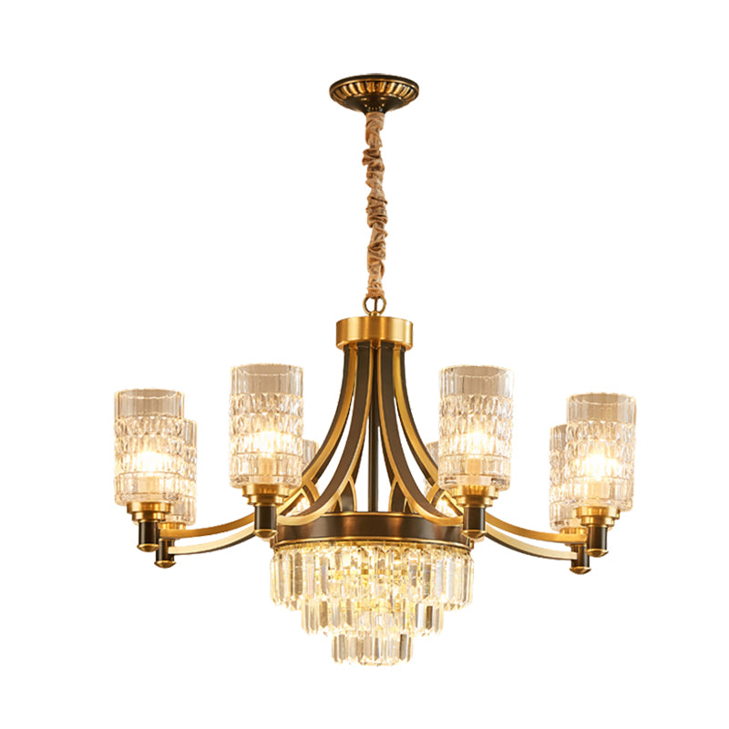 Gold Textured Crystal Chandelier with Cylinder Dining Room Hanging Light - Postmodern Style, 6/8 Heads