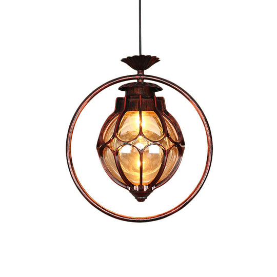 Rustic Amber Glass Hanging Pendant Light: 1-Light Suspension Lamp In Copper With Iron Ring