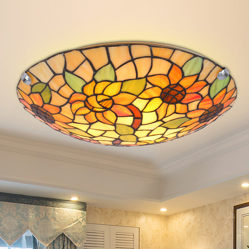 Tiffany Style Stained Glass Ceiling Light with Flower & Leaf Pattern - Retro Mediterranean Flush Mount Fixture for Restaurant Entrance Hall