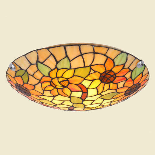 Tiffany Style Stained Glass Ceiling Light with Flower & Leaf Pattern - Retro Mediterranean Flush Mount Fixture for Restaurant Entrance Hall