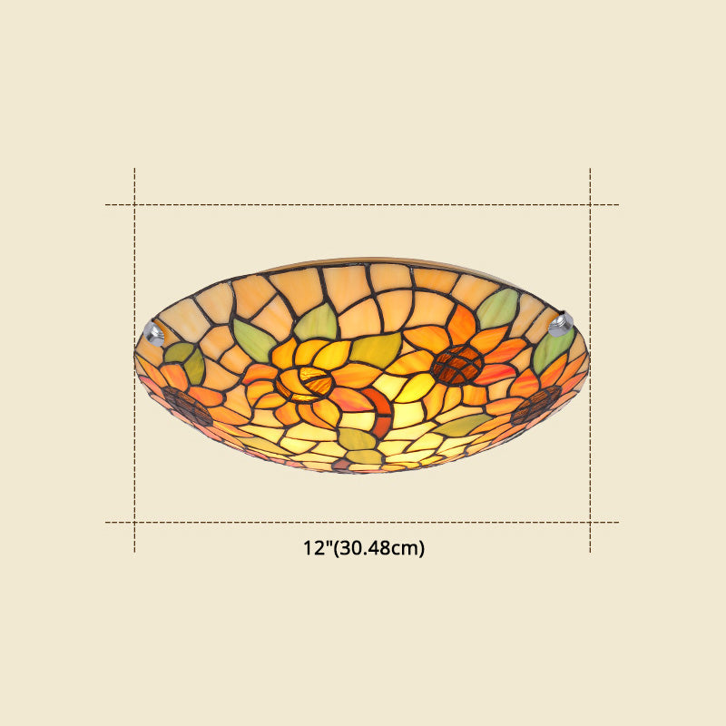 Tiffany Style Stained Glass Ceiling Light with Flower & Leaf Pattern - Retro Mediterranean Flush Mount Fixture for Restaurant Entrance Hall