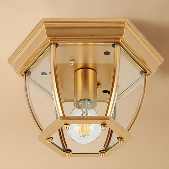 Colonial Style Glass Shade Ceiling Light - Polyhedron Flush-Mount For Bedroom