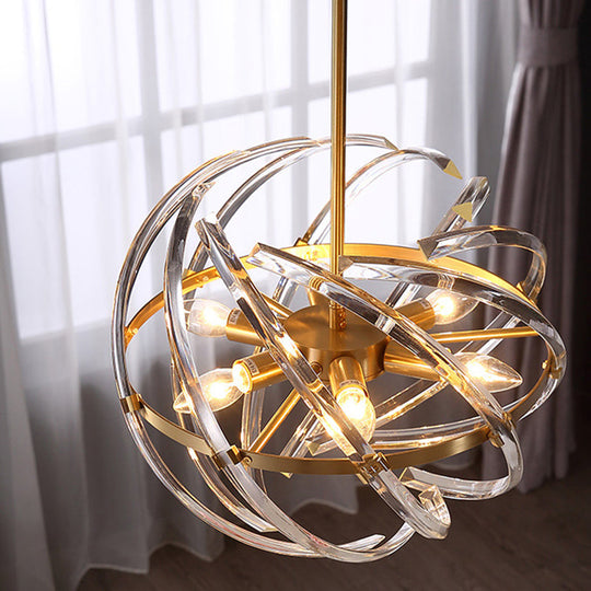 Postmodern 6-Head Bedroom Chandelier - Stylish Gold Hanging Light with Curved Crystal Shades