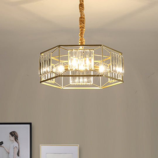 Modern Hexagon Metal Frame Hanging Light with Crystal Block - 3-Head Gold Ceiling Fixture