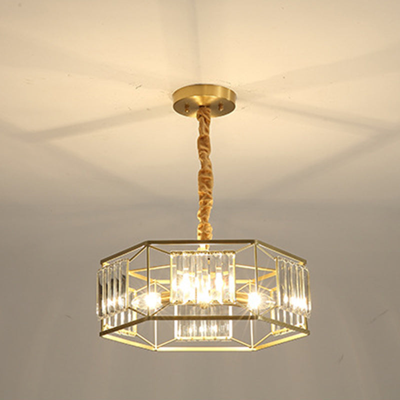 Modern Hexagon Metal Frame Hanging Light with Crystal Block - 3-Head Gold Ceiling Fixture