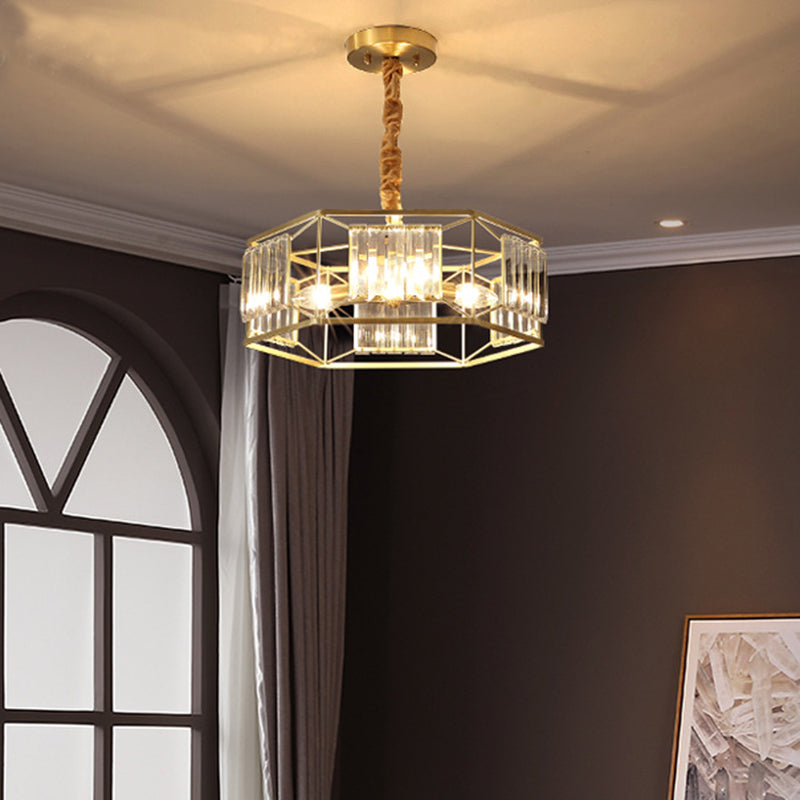 Modern Hexagon Metal Frame Hanging Light with Crystal Block - 3-Head Gold Ceiling Fixture