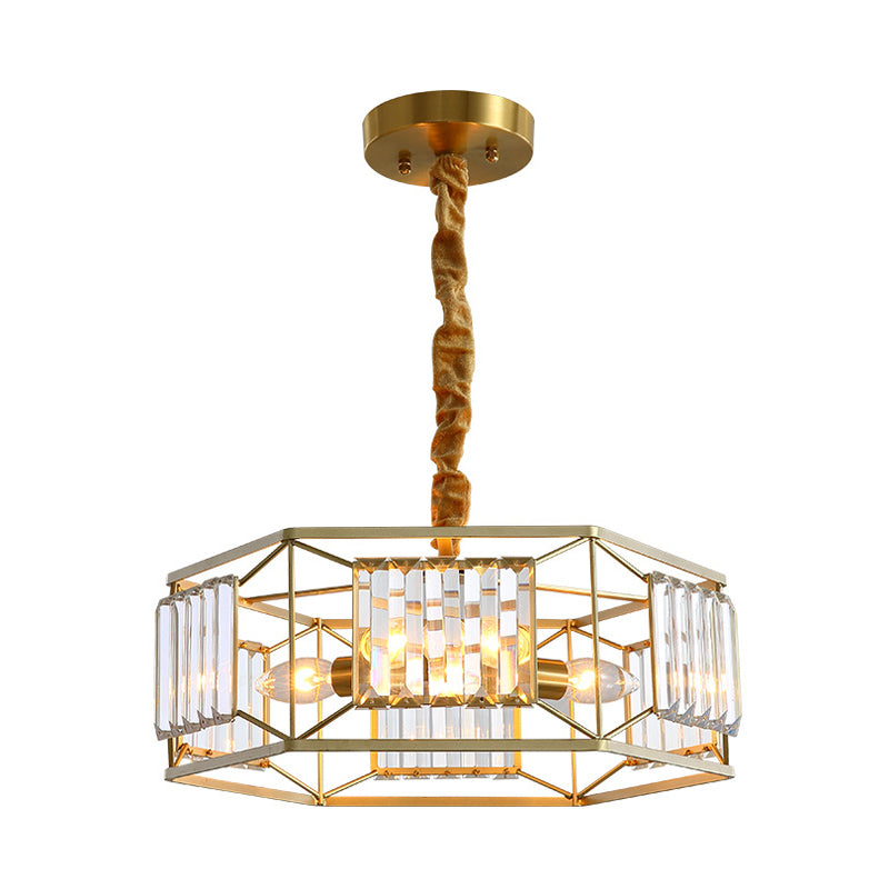 Modern Hexagon Metal Frame Hanging Light with Crystal Block - 3-Head Gold Ceiling Fixture