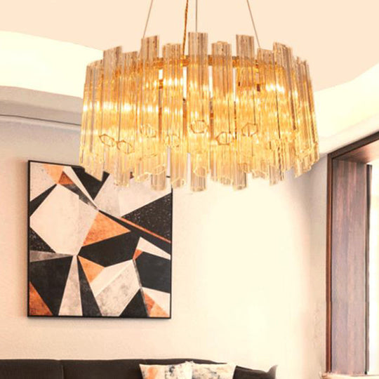 Modern Circular Chandelier: Ridged Clear Crystal, 8 Heads, Gold Hanging Light Fixture
