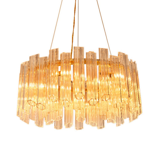 Modern Circular Chandelier: Ridged Clear Crystal, 8 Heads, Gold Hanging Light Fixture