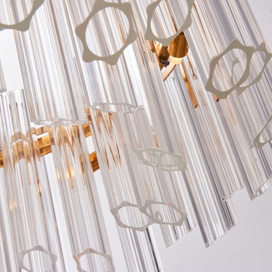 Modern Circular Chandelier: Ridged Clear Crystal, 8 Heads, Gold Hanging Light Fixture