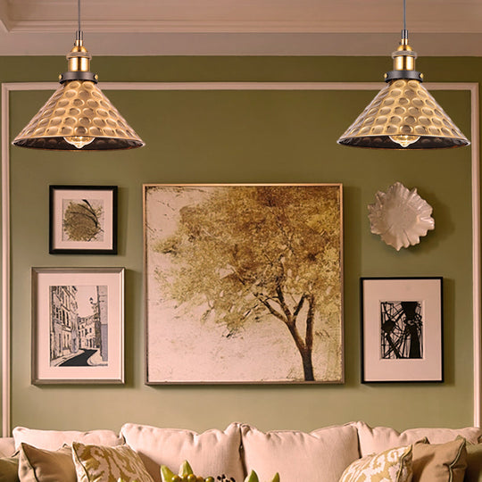 Industrial Style Barn Shade Metal Suspension Light - Adjustable Hanging Ceiling Fixture With Brass