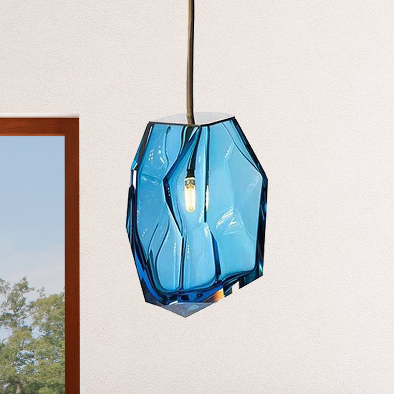 Blue Glass Gem Pendant Light Fixture - Contemporary 1 Head Ceiling Lighting For Bedrooms