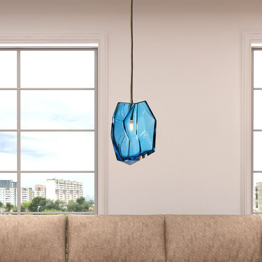 Blue Glass Gem Pendant Light - Contemporary Ceiling Fixture for Bedroom with 1 Head