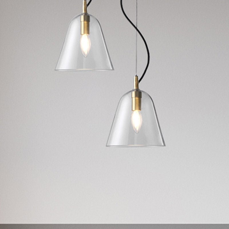 Brass Bell Pendant Light: Postmodern Clear Glass 1-Head Bathroom Hanging Lamp Kit