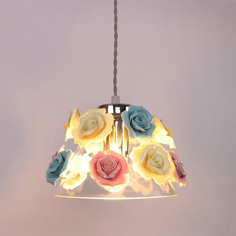 Modern Cone Pendant Ceiling Light, Clear Glass, 1 Head, Living Room Hanging Lamp with Blue-Pink-Yellow Flower Ceramic Design