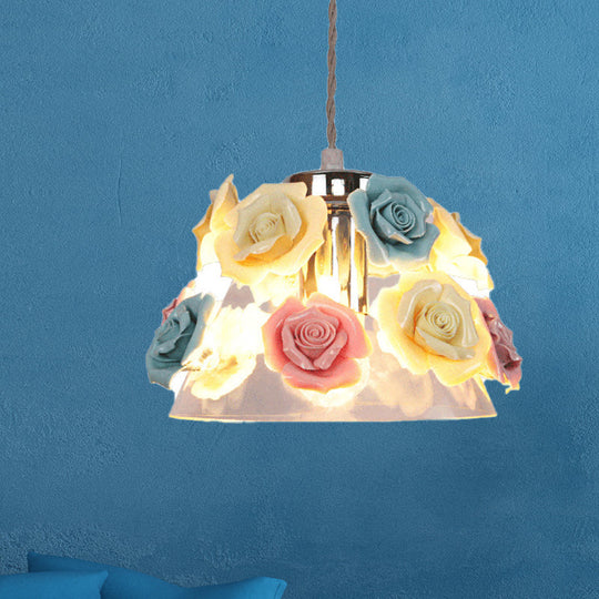 Stylish Clear Glass Cone Pendant Ceiling Light With Ceramic Flower Design Blue-Pink-Yellow
